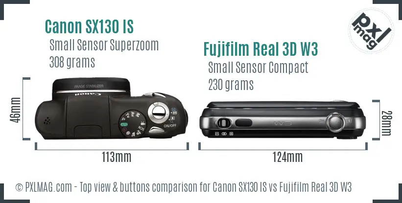 Canon SX130 IS vs Fujifilm Real 3D W3 top view buttons comparison