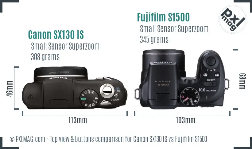 Canon SX130 IS vs Fujifilm S1500 top view buttons comparison
