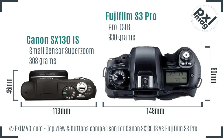 Canon SX130 IS vs Fujifilm S3 Pro top view buttons comparison