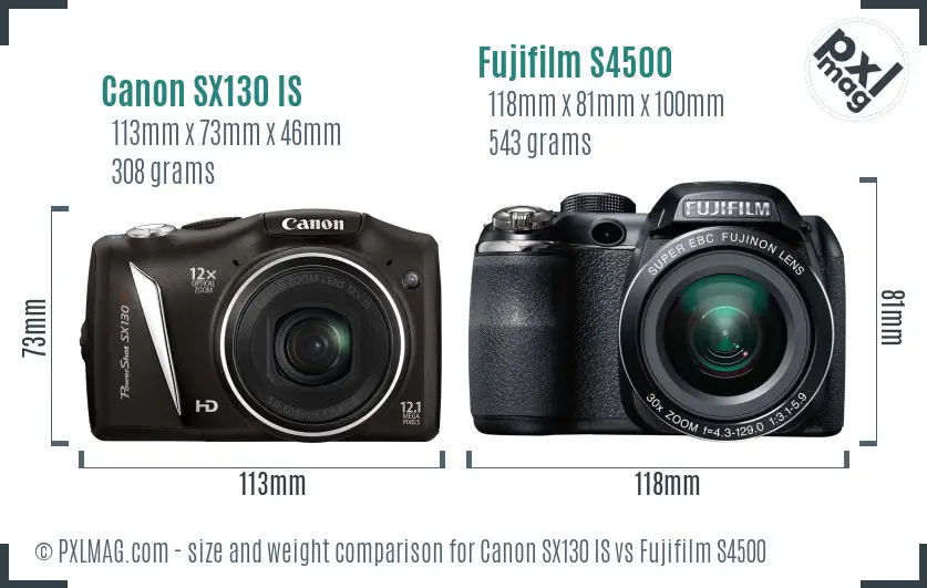 Canon SX130 IS vs Fujifilm S4500 size comparison
