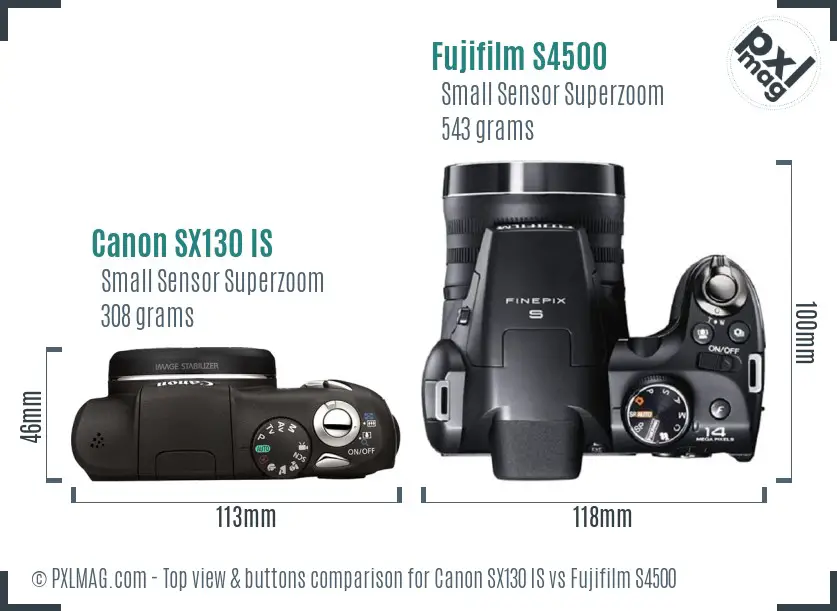 Canon SX130 IS vs Fujifilm S4500 top view buttons comparison