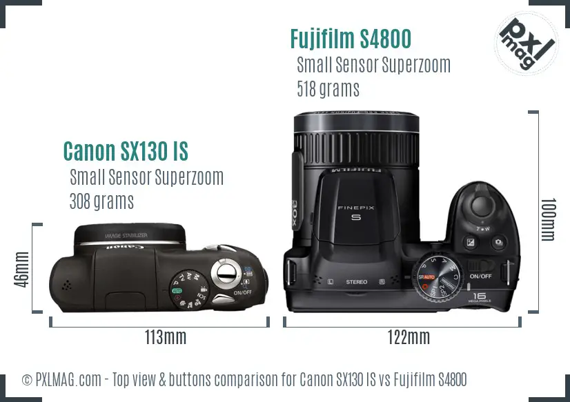 Canon SX130 IS vs Fujifilm S4800 top view buttons comparison