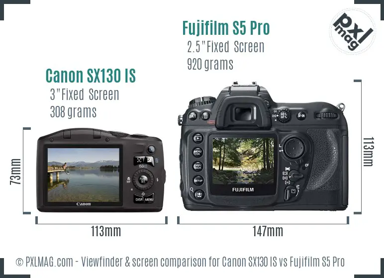 Canon SX130 IS vs Fujifilm S5 Pro Screen and Viewfinder comparison