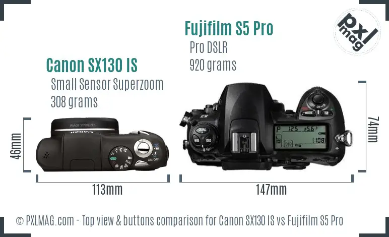 Canon SX130 IS vs Fujifilm S5 Pro top view buttons comparison