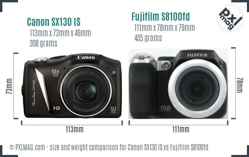 Canon SX130 IS vs Fujifilm S8100fd size comparison