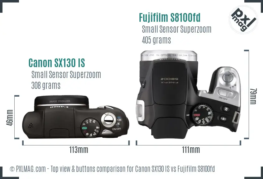 Canon SX130 IS vs Fujifilm S8100fd top view buttons comparison