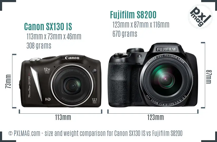 Canon SX130 IS vs Fujifilm S8200 size comparison