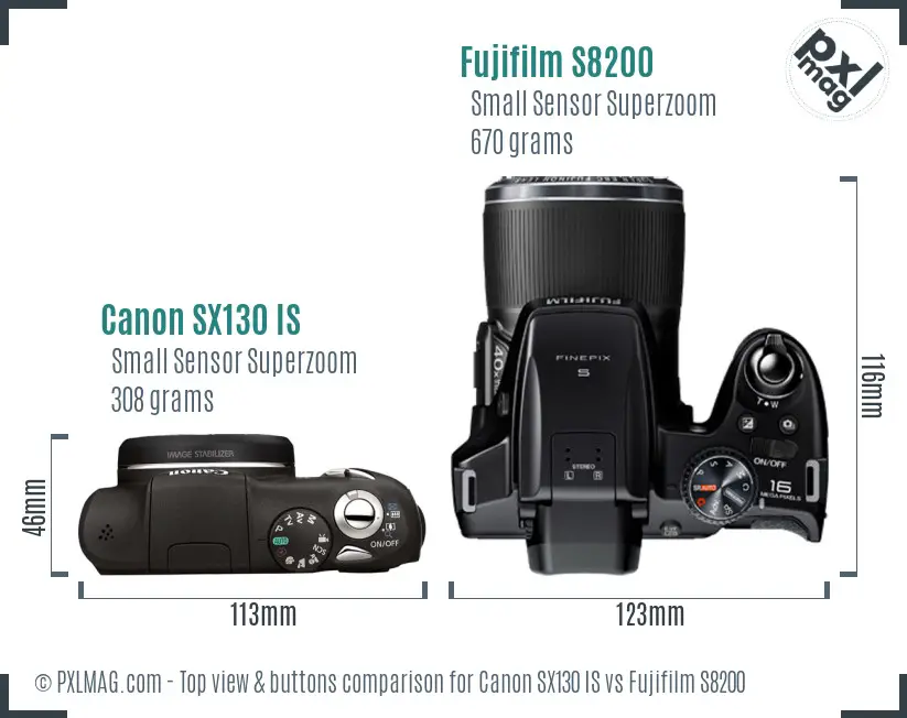 Canon SX130 IS vs Fujifilm S8200 top view buttons comparison