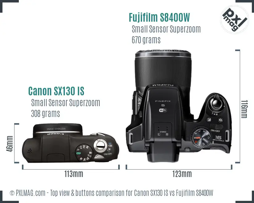 Canon SX130 IS vs Fujifilm S8400W top view buttons comparison