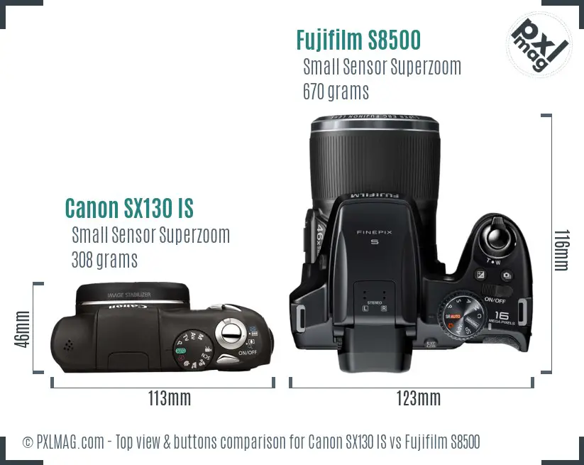 Canon SX130 IS vs Fujifilm S8500 top view buttons comparison