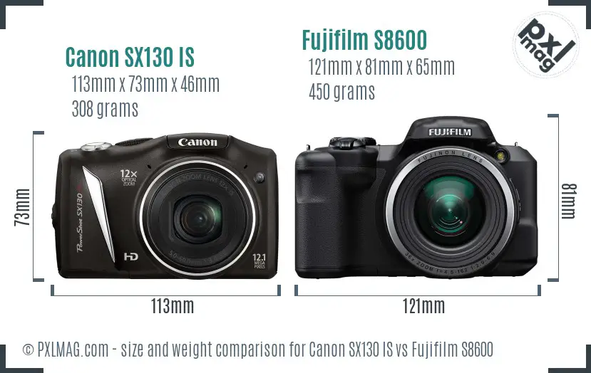 Canon SX130 IS vs Fujifilm S8600 size comparison