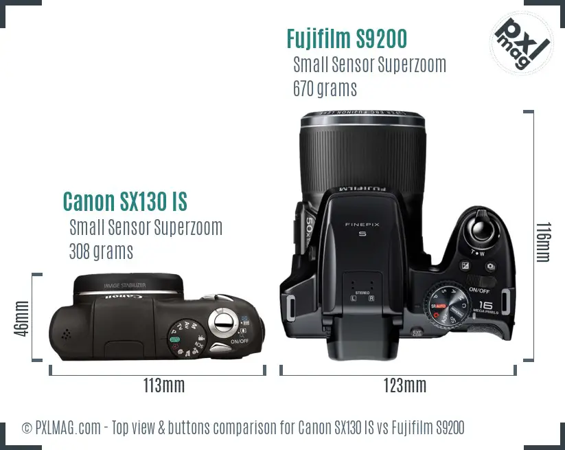 Canon SX130 IS vs Fujifilm S9200 top view buttons comparison