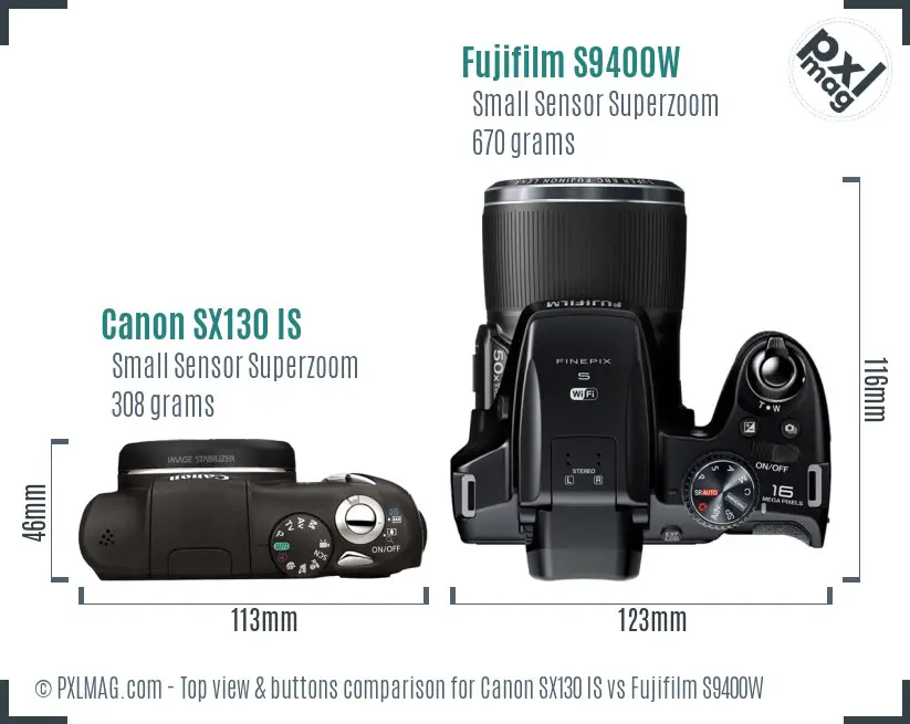 Canon SX130 IS vs Fujifilm S9400W top view buttons comparison