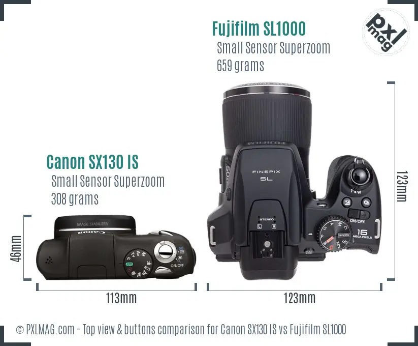 Canon SX130 IS vs Fujifilm SL1000 top view buttons comparison