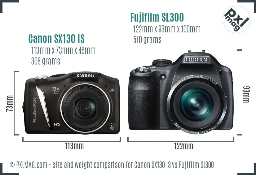 Canon SX130 IS vs Fujifilm SL300 size comparison