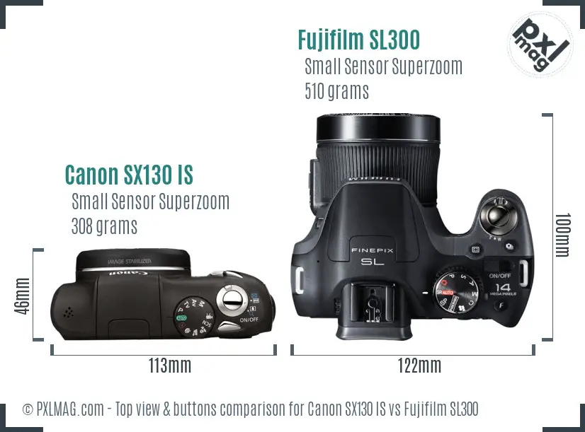 Canon SX130 IS vs Fujifilm SL300 top view buttons comparison