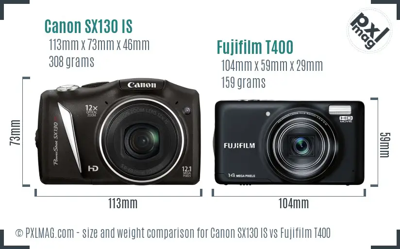 Canon SX130 IS vs Fujifilm T400 size comparison