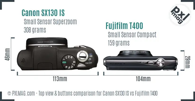 Canon SX130 IS vs Fujifilm T400 top view buttons comparison