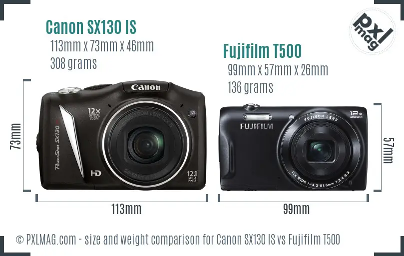 Canon SX130 IS vs Fujifilm T500 size comparison