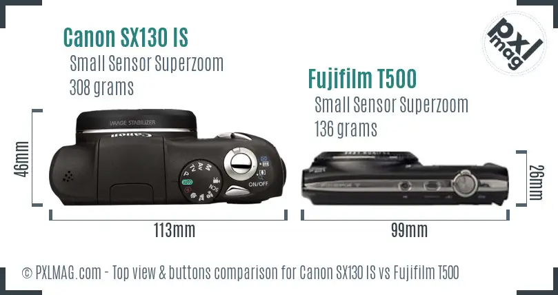 Canon SX130 IS vs Fujifilm T500 top view buttons comparison