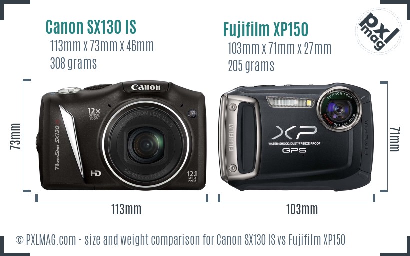 Canon SX130 IS vs Fujifilm XP150 size comparison Canon SX130 IS vs Fujifilm XP150 size comparison