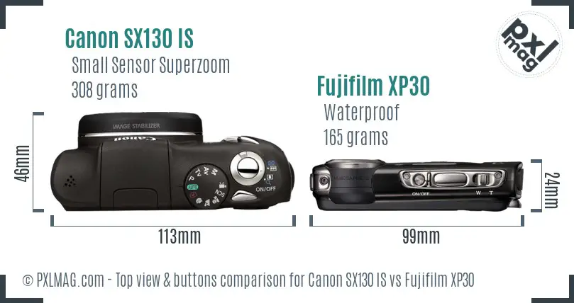 Canon SX130 IS vs Fujifilm XP30 top view buttons comparison