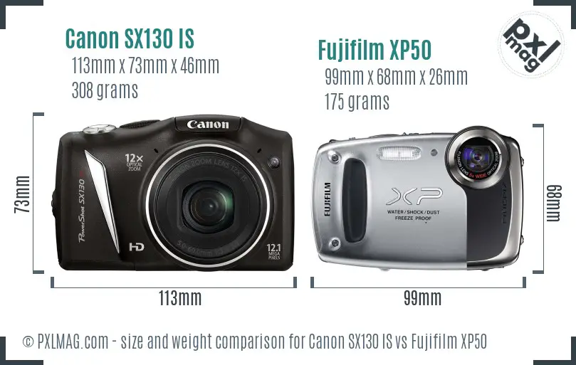 Canon SX130 IS vs Fujifilm XP50 size comparison