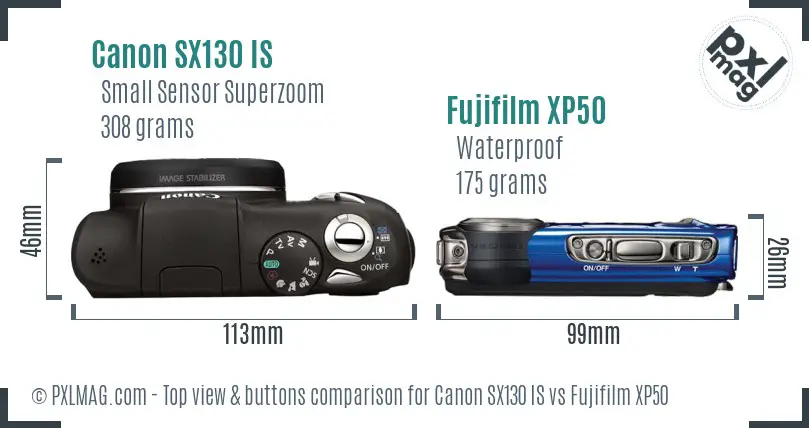 Canon SX130 IS vs Fujifilm XP50 top view buttons comparison