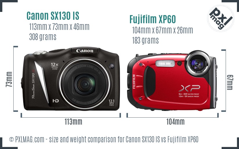 Canon SX130 IS vs Fujifilm XP60 size comparison