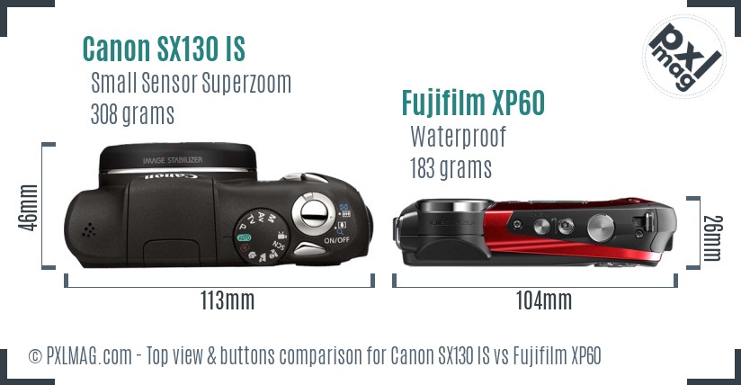 Canon SX130 IS vs Fujifilm XP60 top view buttons comparison