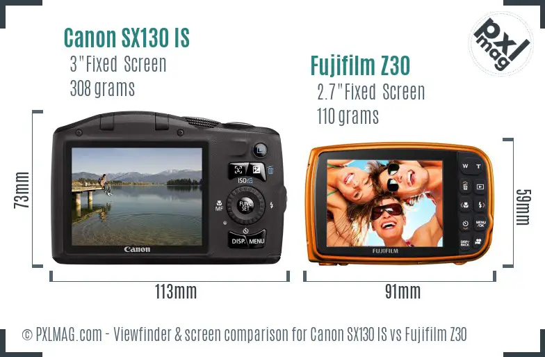 Canon SX130 IS vs Fujifilm Z30 Screen and Viewfinder comparison