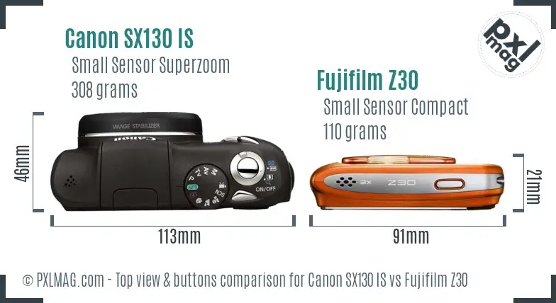 Canon SX130 IS vs Fujifilm Z30 top view buttons comparison