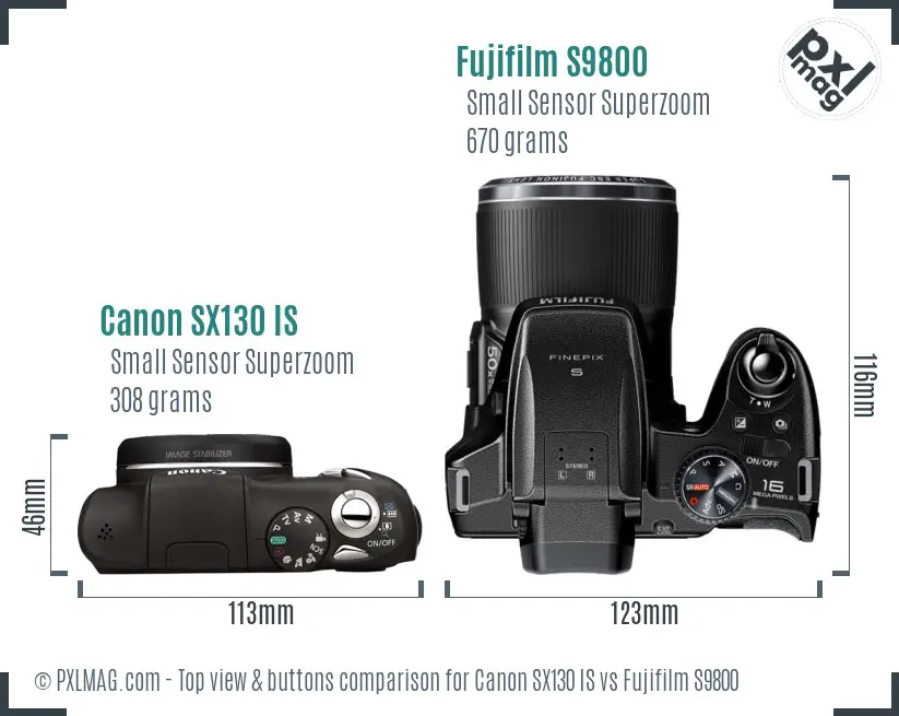 Canon SX130 IS vs Fujifilm S9800 top view buttons comparison