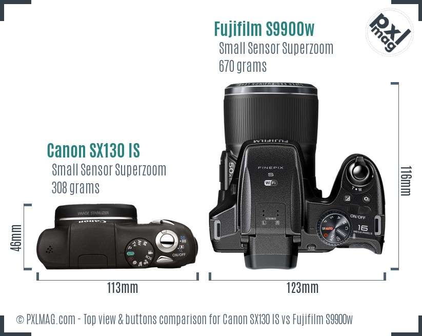 Canon SX130 IS vs Fujifilm S9900w top view buttons comparison