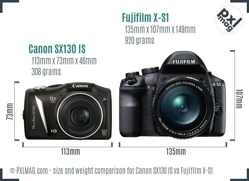 Canon SX130 IS vs Fujifilm X-S1 size comparison Canon SX130 IS vs Fujifilm X-S1 size comparison