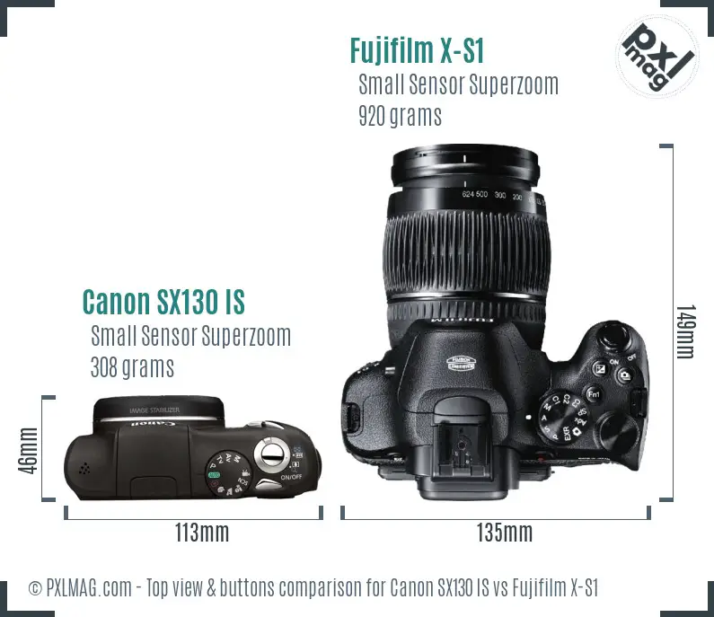 Canon SX130 IS vs Fujifilm X-S1 top view buttons comparison Canon SX130 IS vs Fujifilm X-S1 top view buttons comparison