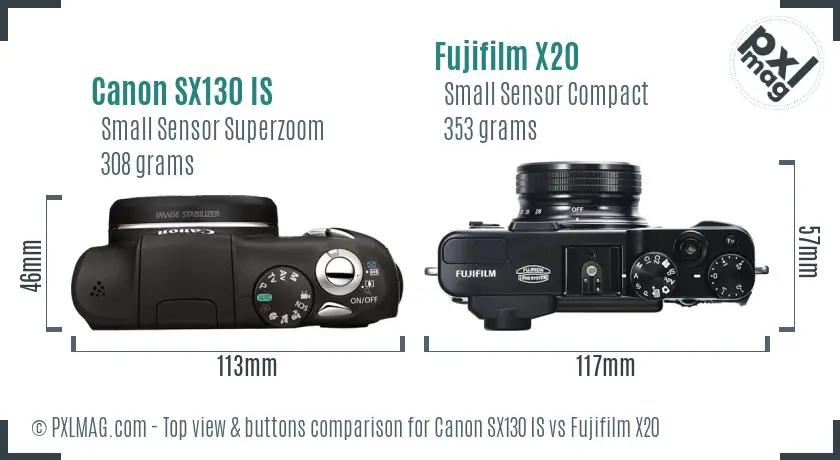 Canon SX130 IS vs Fujifilm X20 top view buttons comparison