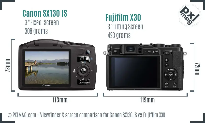 Canon SX130 IS vs Fujifilm X30 Screen and Viewfinder comparison