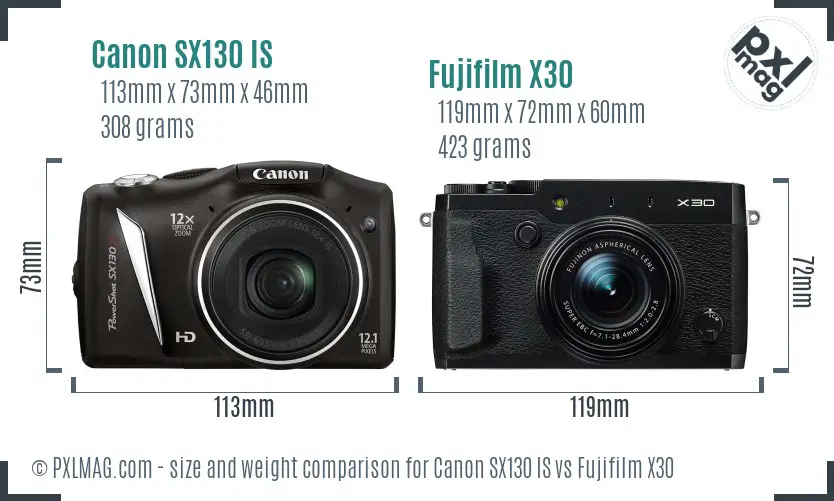 Canon SX130 IS vs Fujifilm X30 size comparison