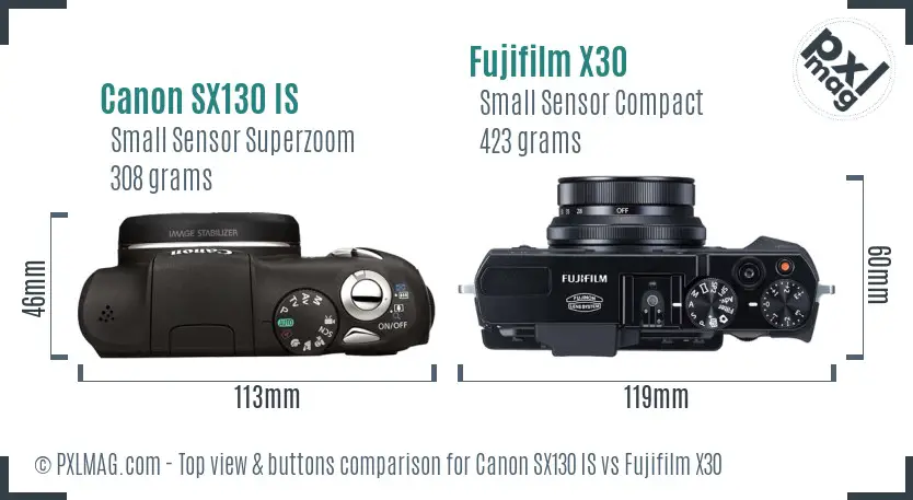 Canon SX130 IS vs Fujifilm X30 top view buttons comparison
