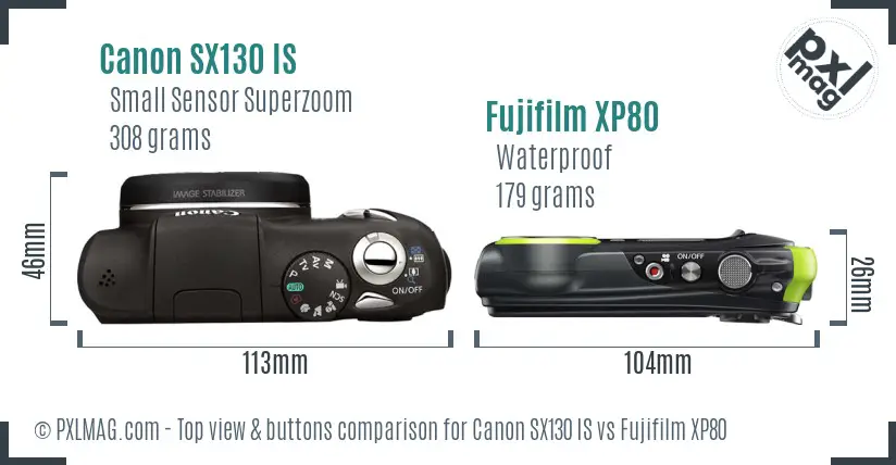 Canon SX130 IS vs Fujifilm XP80 top view buttons comparison