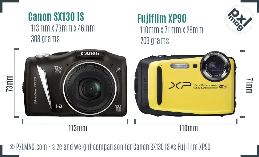Canon SX130 IS vs Fujifilm XP90 size comparison Canon SX130 IS vs Fujifilm XP90 size comparison