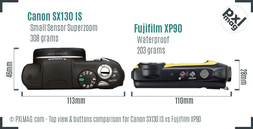Canon SX130 IS vs Fujifilm XP90 top view buttons comparison Canon SX130 IS vs Fujifilm XP90 top view buttons comparison