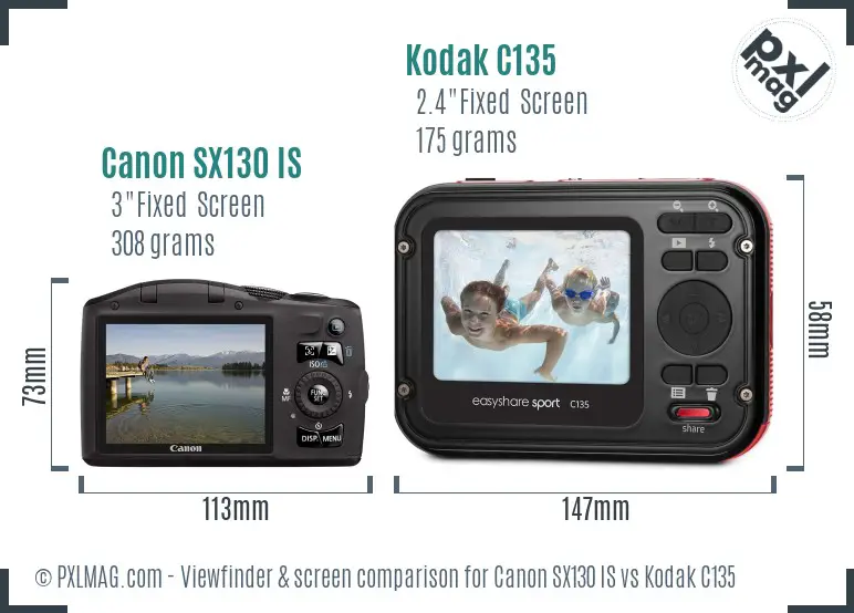 Canon SX130 IS vs Kodak C135 Screen and Viewfinder comparison