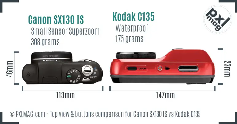 Canon SX130 IS vs Kodak C135 top view buttons comparison