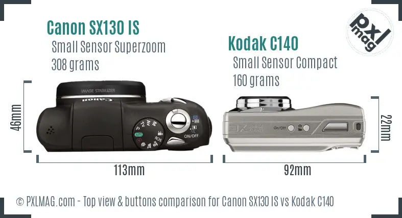 Canon SX130 IS vs Kodak C140 top view buttons comparison