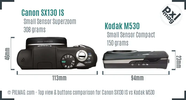 Canon SX130 IS vs Kodak M530 top view buttons comparison Canon SX130 IS vs Kodak M530 top view buttons comparison