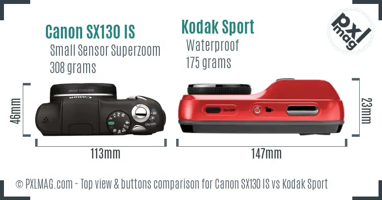 Canon SX130 IS vs Kodak Sport top view buttons comparison