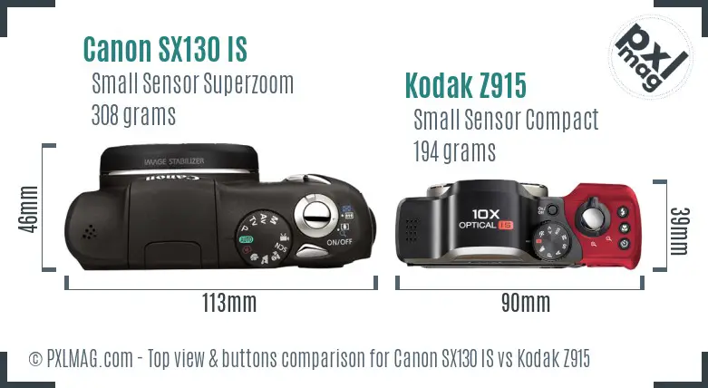 Canon SX130 IS vs Kodak Z915 top view buttons comparison Canon SX130 IS vs Kodak Z915 top view buttons comparison