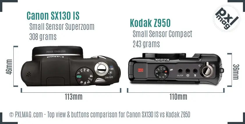 Canon SX130 IS vs Kodak Z950 top view buttons comparison